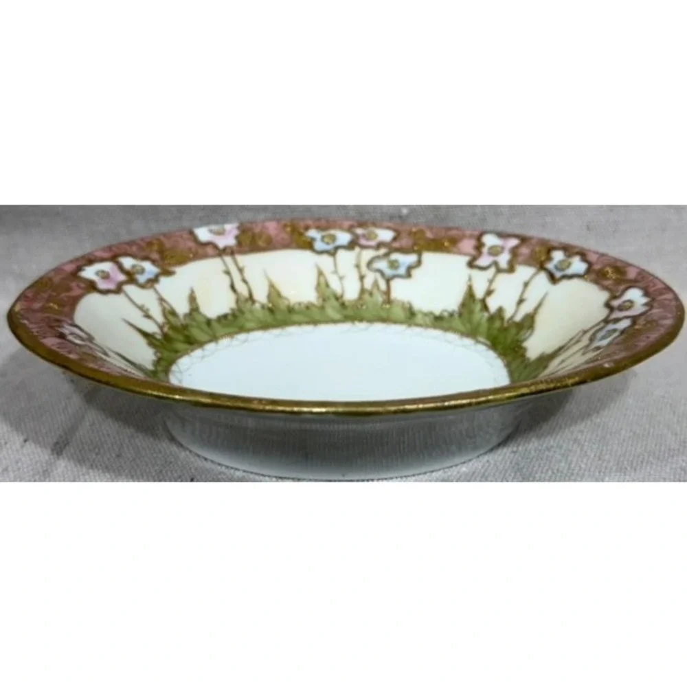 Antique Art Nouveau Hand Painted Floral Porcelain Oval Bowl Gold Moriage 1900s